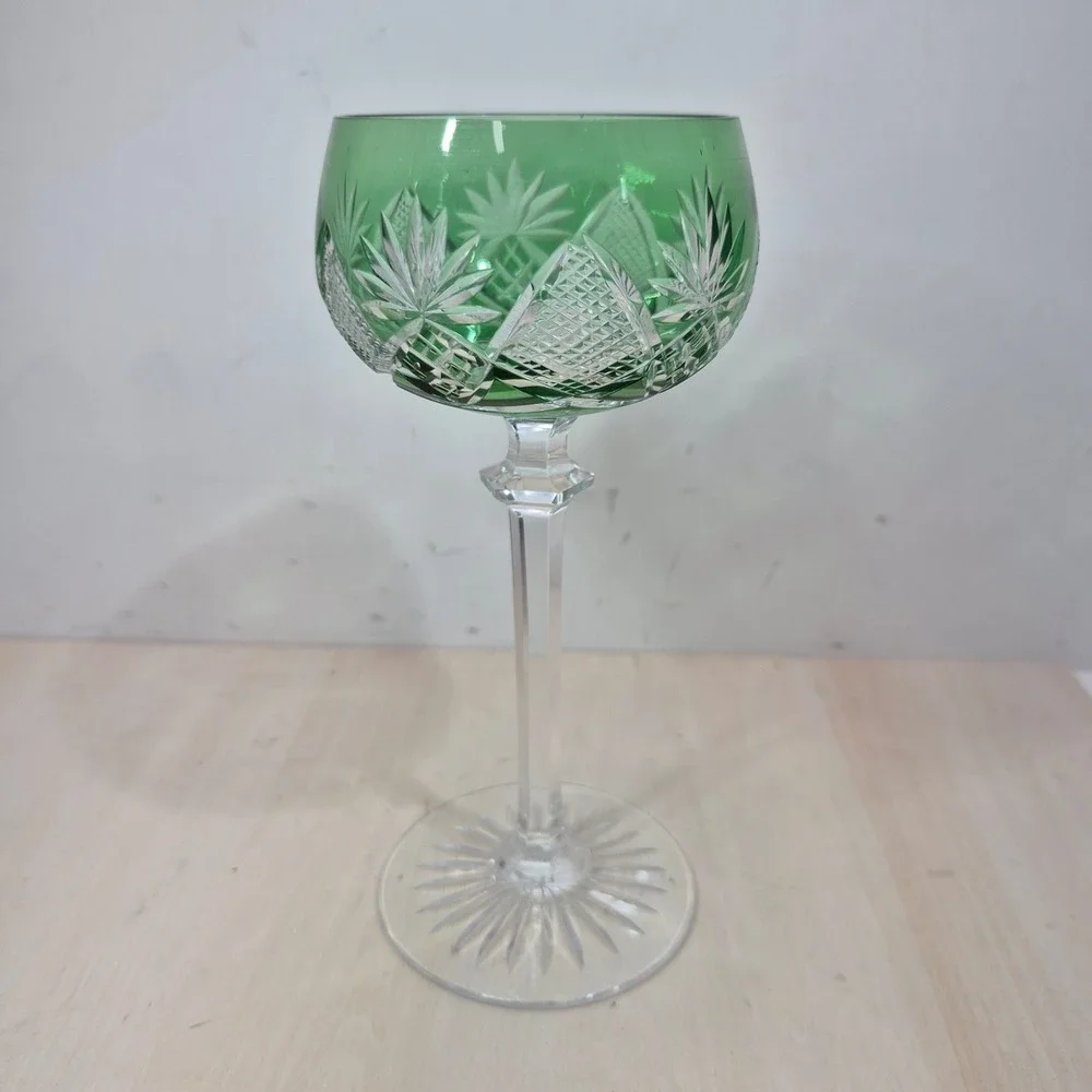 Vintage Emerald Green Cut to Clear Crystal Wine Hock Stemmed Glass 7.5 Inch